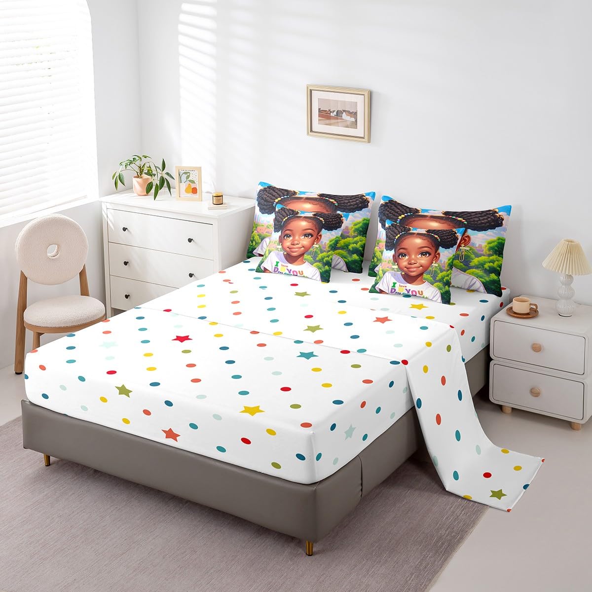 Twin Size 7 Pcs American Style Girl Bedding Set,Black Cute Girly Bed Sheet,African American Cartoon Reversible Printed Quilt Set+Flat Sheet+Fitted Sheet+2 Pillowcases+2 Throw Pillow Covers