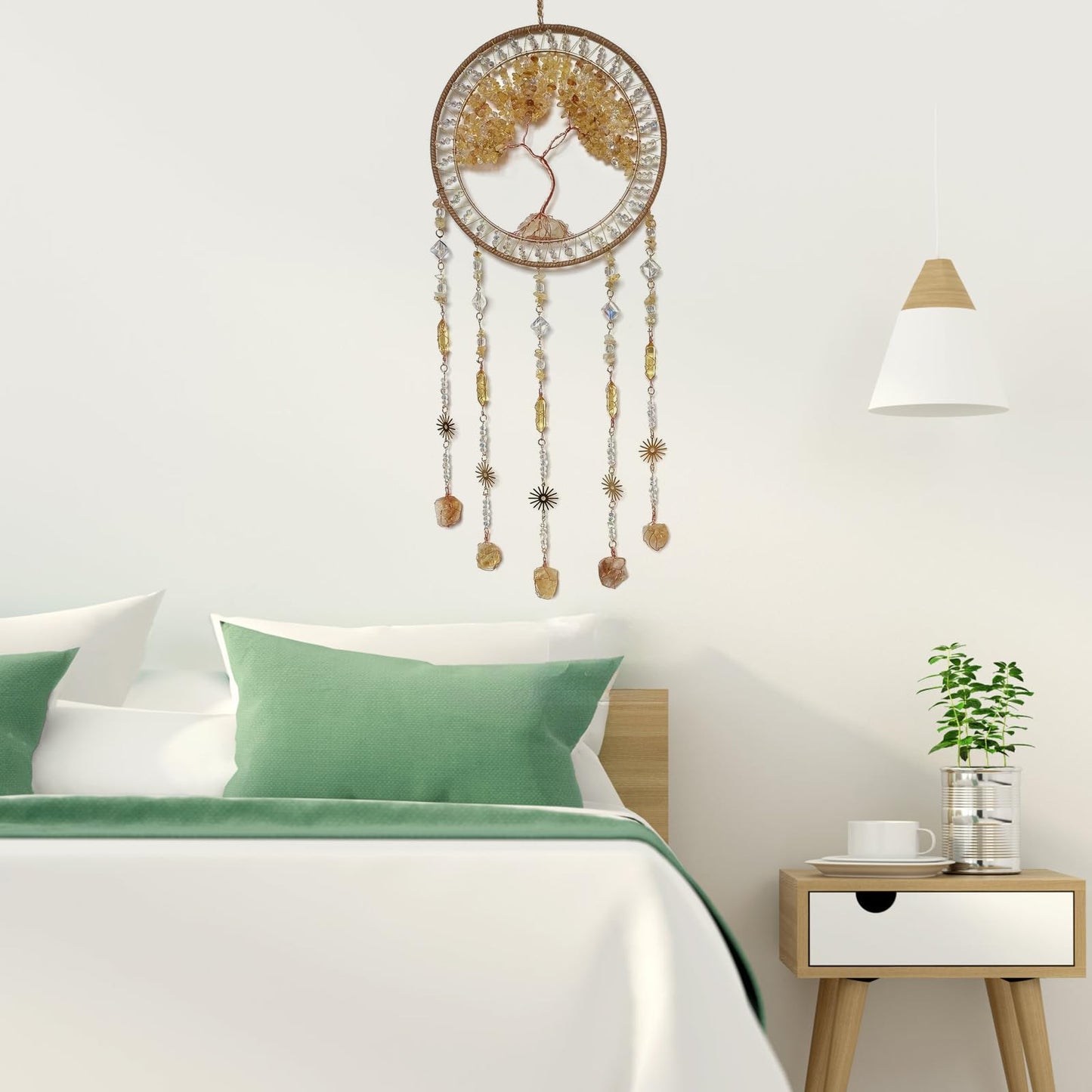 RAGKUU Crystal Tree of Life Dream Catchers with Stone Pendant Yellow Dream Catcher Wall Decor Handmade Dreamcatcher Wall Hanging Ornament for Bedroom Living Room Home Decor