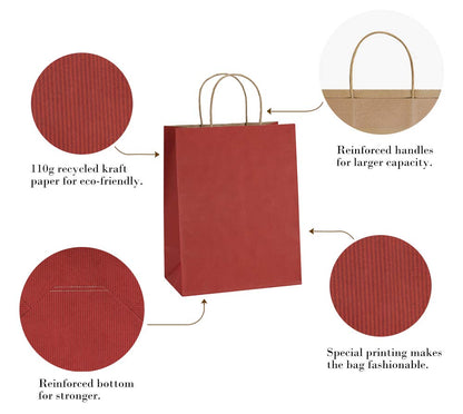 BagDream Gift Bags 8x4.25x10.5 Inches 25Pcs Red Kraft Paper Gift Bags with Handles Bulk, for Retail, Merchandise, Shopping, Recycled Paper Sacks