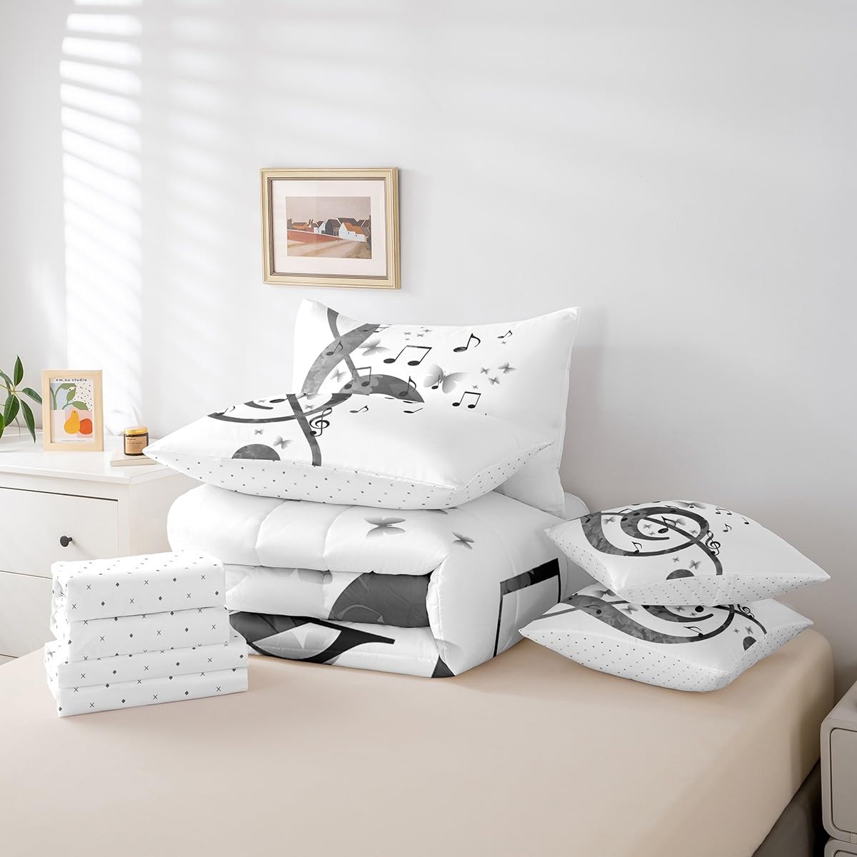 Feelyou Music Comforter Set with Sheets Queen Size Guitar Bed in a Bag for Boys Girls Teens White 7 Pieces Bedding Set Soft Lightweight Microfiber