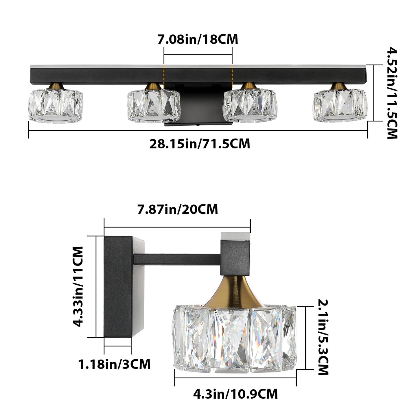 BrkNit Black Crystal Bathroom Vanity Light Fixtures Over Mirror for Bathroom Lighting (4 Lights)