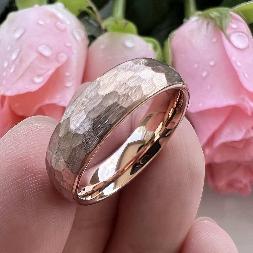 TUTISS 6mm Rose Gold Hammered Tungsten Rings for Men Women Engagement Wedding Bands Domed Matte Finish Comfort Fit Size 5