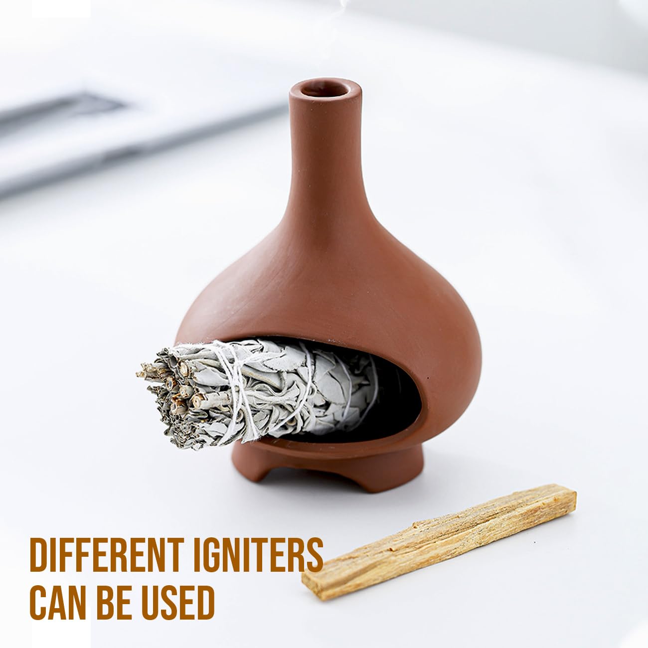 Palo Santo Holder Handmade Ceramics Incense Burner Chimney Dish Smudge Bowl for Palo Santo Sticks Sage Bundles with Brush(Brown)