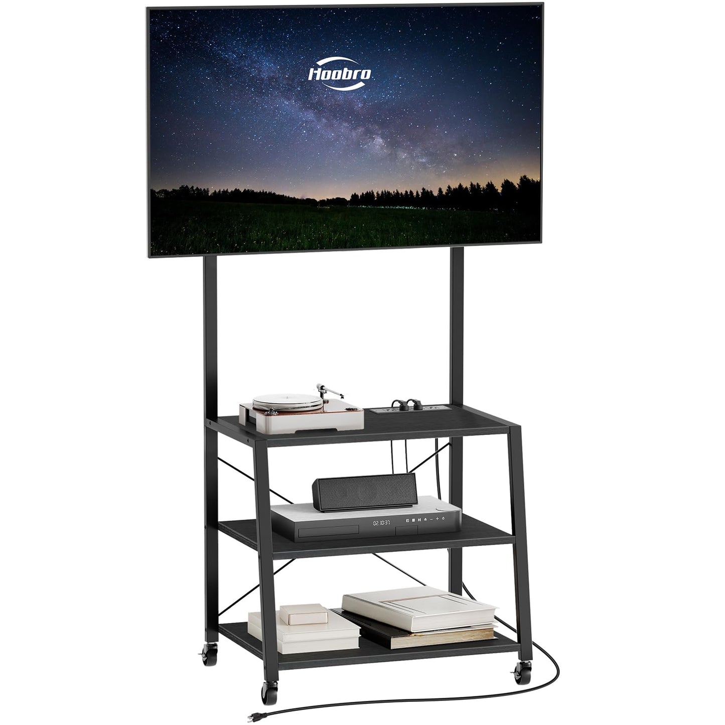 HOOBRO Rolling TV Stand with Mount and Power Outlet Up to 55 inch TV, Corner Entertainment Center, Small TV Stand with 3-Tier Storage Shelves for Living Room, Bedroom, Rustic Brown and Black BF66UDS01