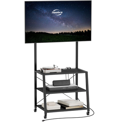HOOBRO Rolling TV Stand with Mount and Power Outlet Up to 55 inch TV, Corner Entertainment Center, Small TV Stand with 3-Tier Storage Shelves for Living Room, Bedroom, Rustic Brown and Black BF66UDS01
