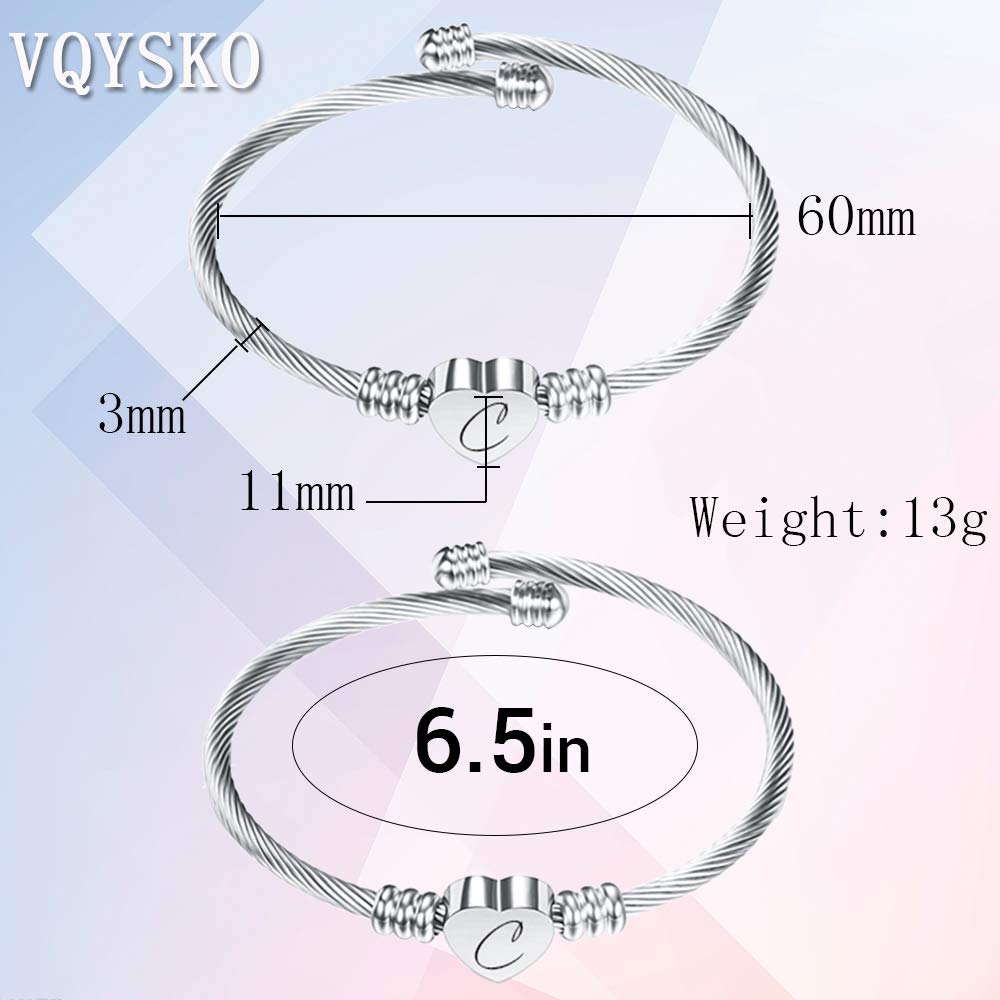 VQYSKO Silver Heart Initials Bracelet-A-Z Stainless Steel Engraved Charm Bracelet, Woman Jewelry Birthday Festival Gift (Silver A)