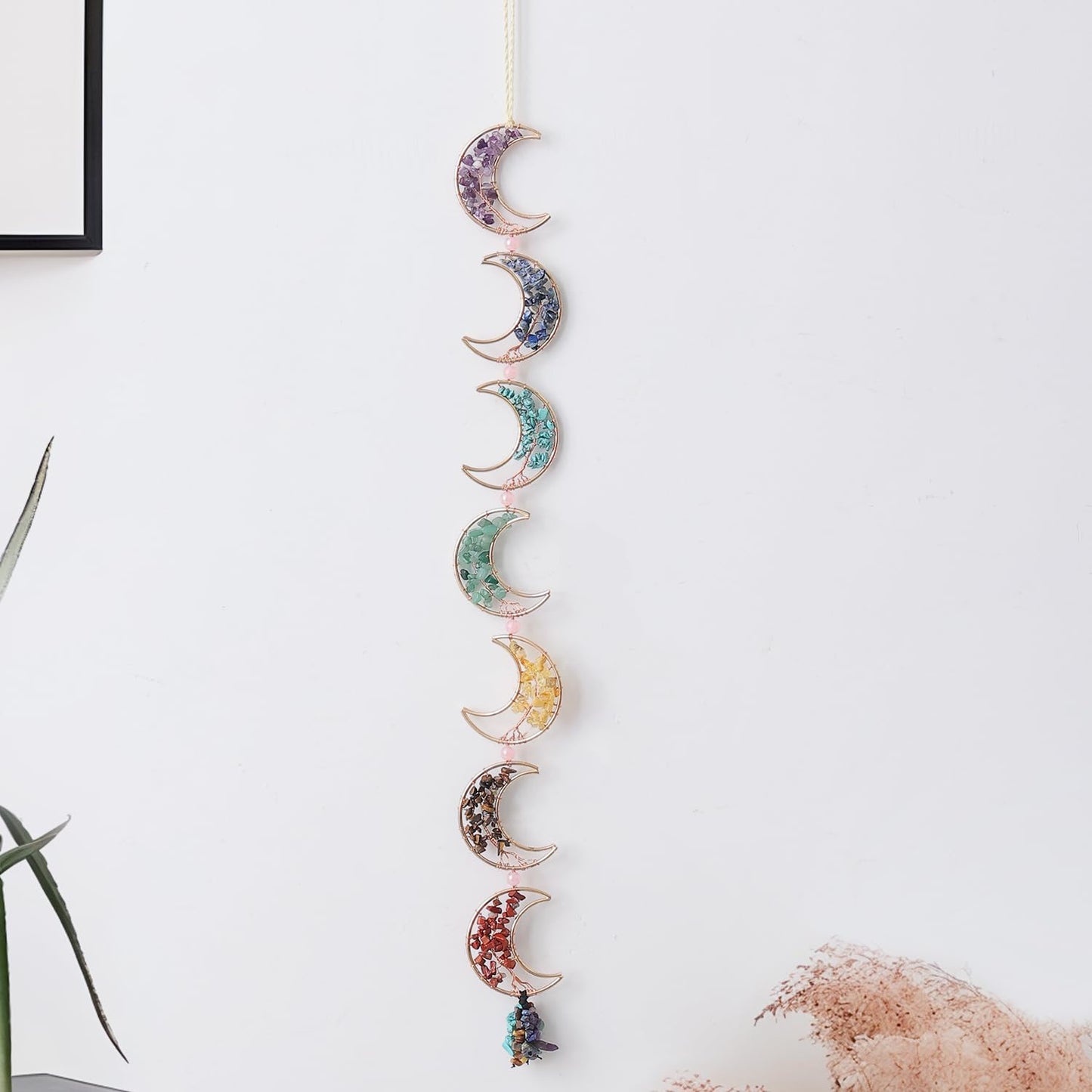 7 Chakra Healing Crystals Hanging Ornament，Handmade Tree of Life Chakra Stones Moon Natrual Gemstones Wall Hanging Ornaments for Home Decor Yoga Meditation(7 Moon Crystal Tree)