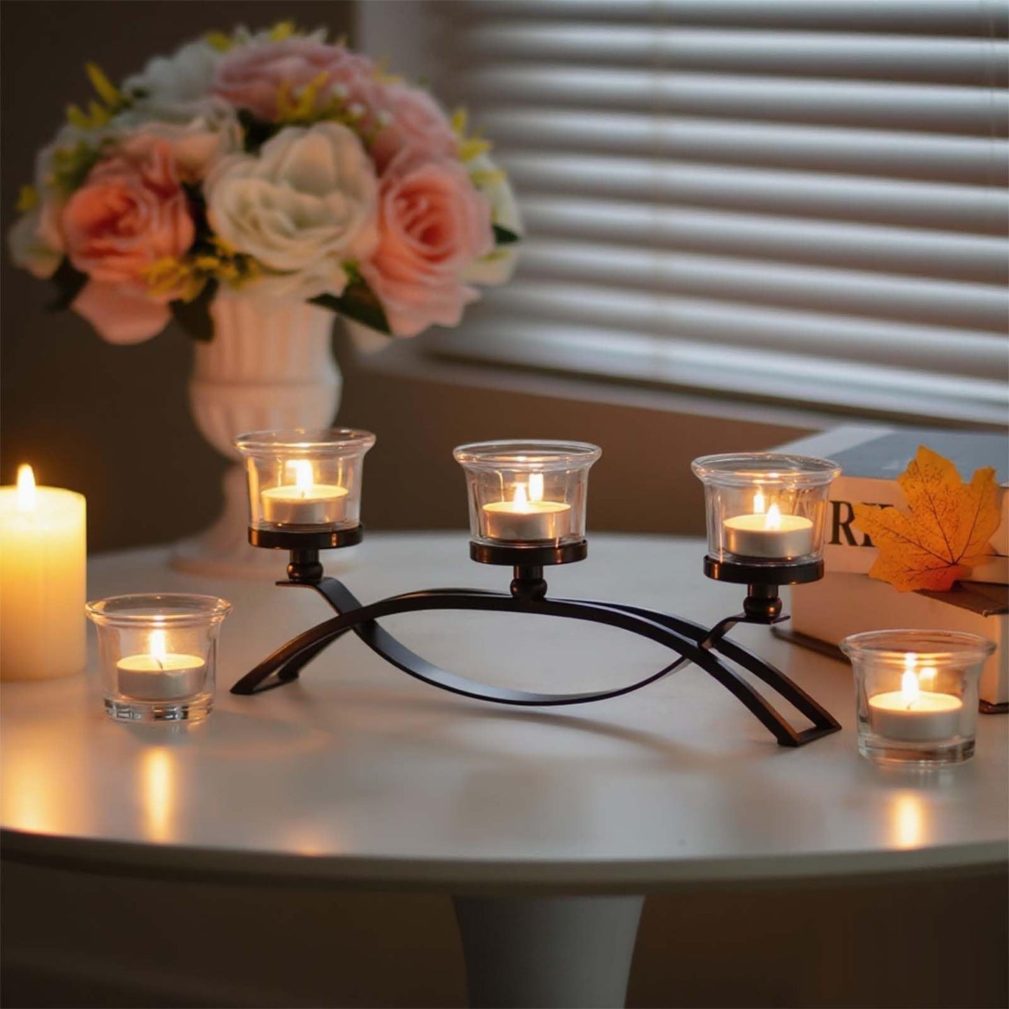 3-Arm Metal Tea Light Candle Holder Set with 5 Glass Cups, Votive Candle Holders Centerpiece Candelabra for Wedding Table Decor, Home Gatherings and Holidays (Black, 5 Cups)