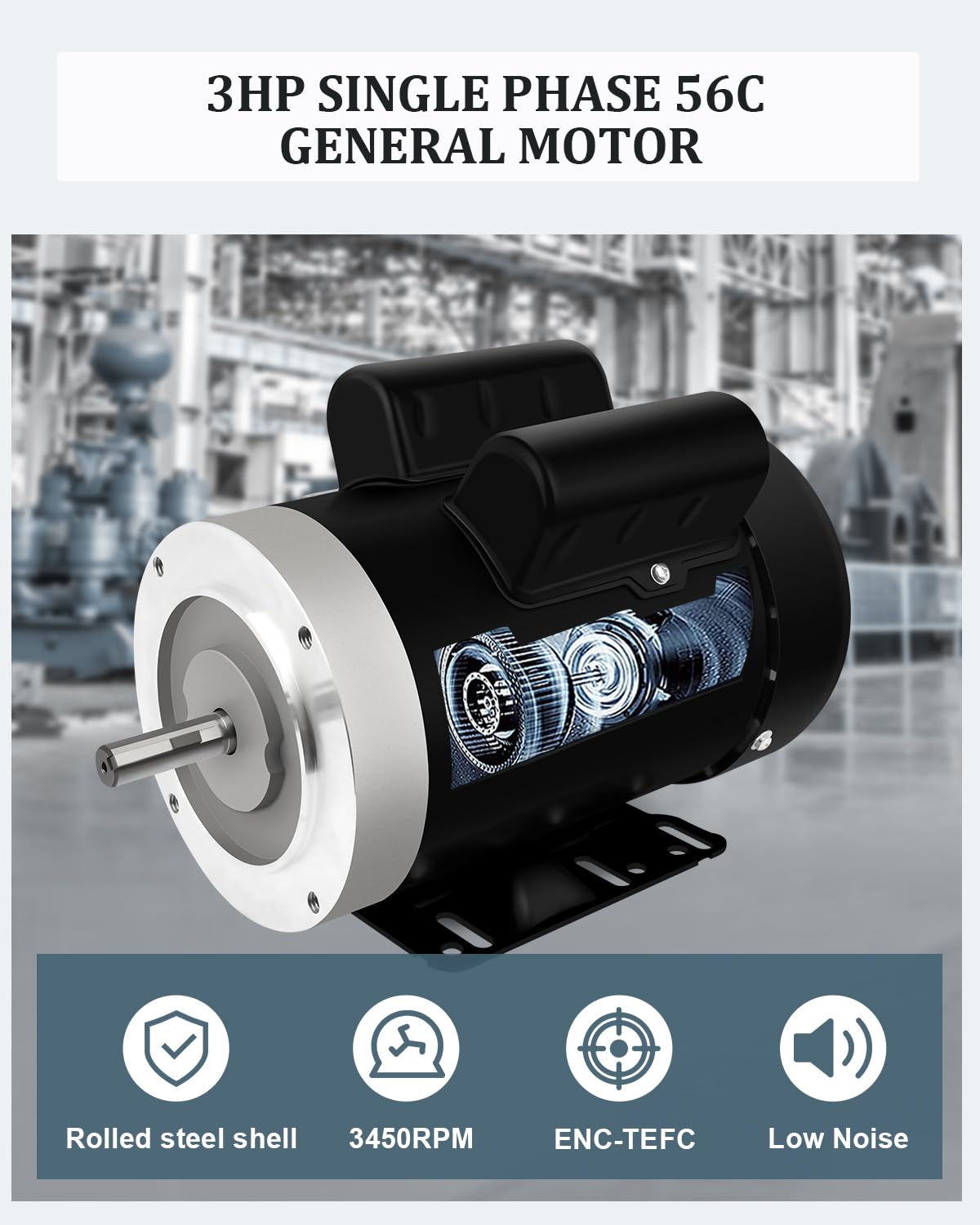 3HP Electric Motor, Air Compressor Motor, 3450 RPM Single Phase Motor, 56C Frame 208-230V 5/8" Shaft 60Hz CW/CCW TEFC