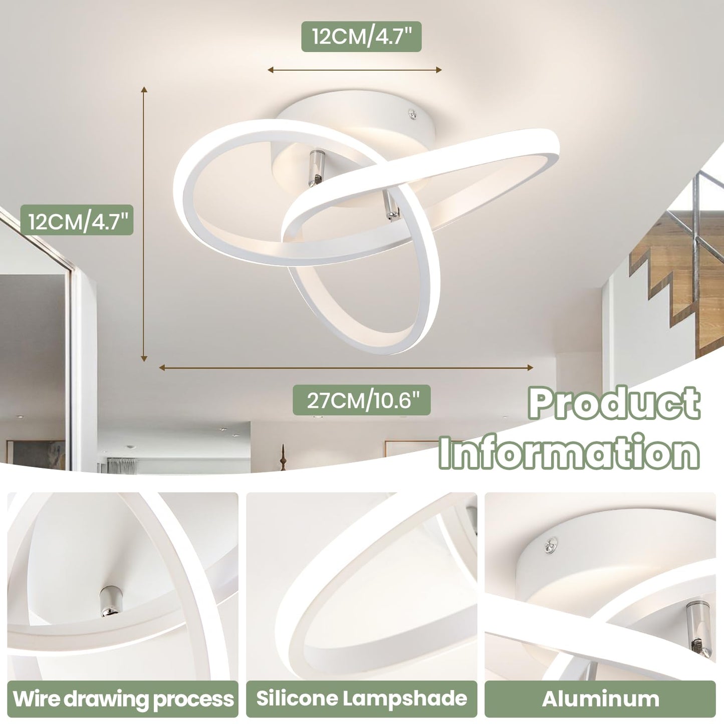 CANEOE Modern Led Ceiling Light Fixtures,4500K Daylight White Semi Flush Mount Hallway Ceiling Light for Bedroom Bathroom Kitchen Balcony Laundry Room Stair Ceiling Lamp Curved Design (White, 4500K)
