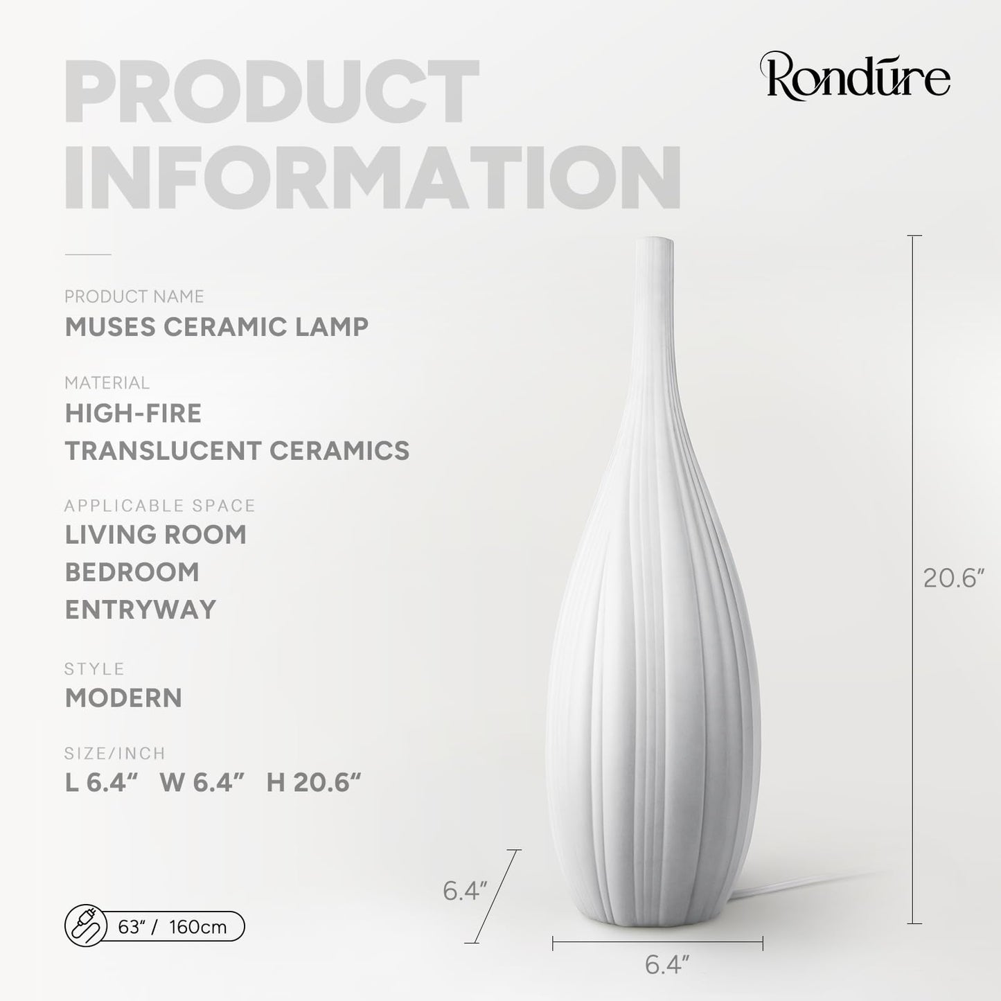 RONDURE 20.6" Modern Ceramic Table Lamp, Fully Dimmable Bedside Lamp for Bedroom Living Room Nightstand, White Translucent Ceramic Shade, Warm Ambient Decorative Corded Lighting, Bulb Included