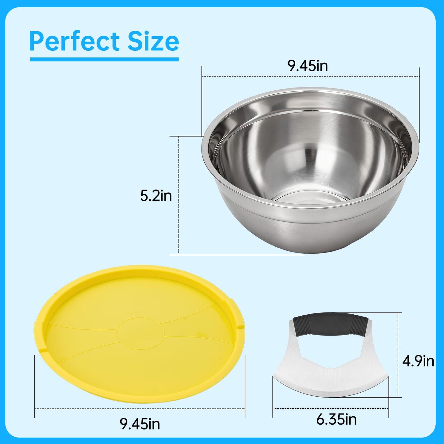 Fevbcnrj Salad Chopper Bowl and Cutter with Lid, Stainless Steel Chopping Bowl, Mezzaluna Mincing Knife with Protective Cover, Snap-Tight Storage Lid, for Super-Fast Salad Prep