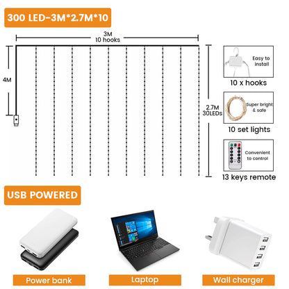 Christmas Curtain Lights 3m x 3m 300 LED, Curtain Fairy Lights Indoor/Outdoor, 8 Modes Remote Window Lights Adjustable Brightness, Curtain Light Warm White for Bedroom, Garden,Party,Christmas