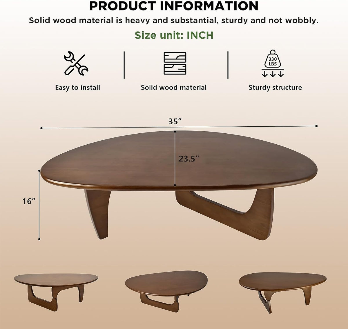 Solid Wood Triangle Coffee Table,Unique Mid Century Modern Oval Coffee Table,Irregular Geometric Tea Tables for Home Living Room with Wooden Tabletop and Reinforced Legs Walnut 35" L x 24" W x 16" H