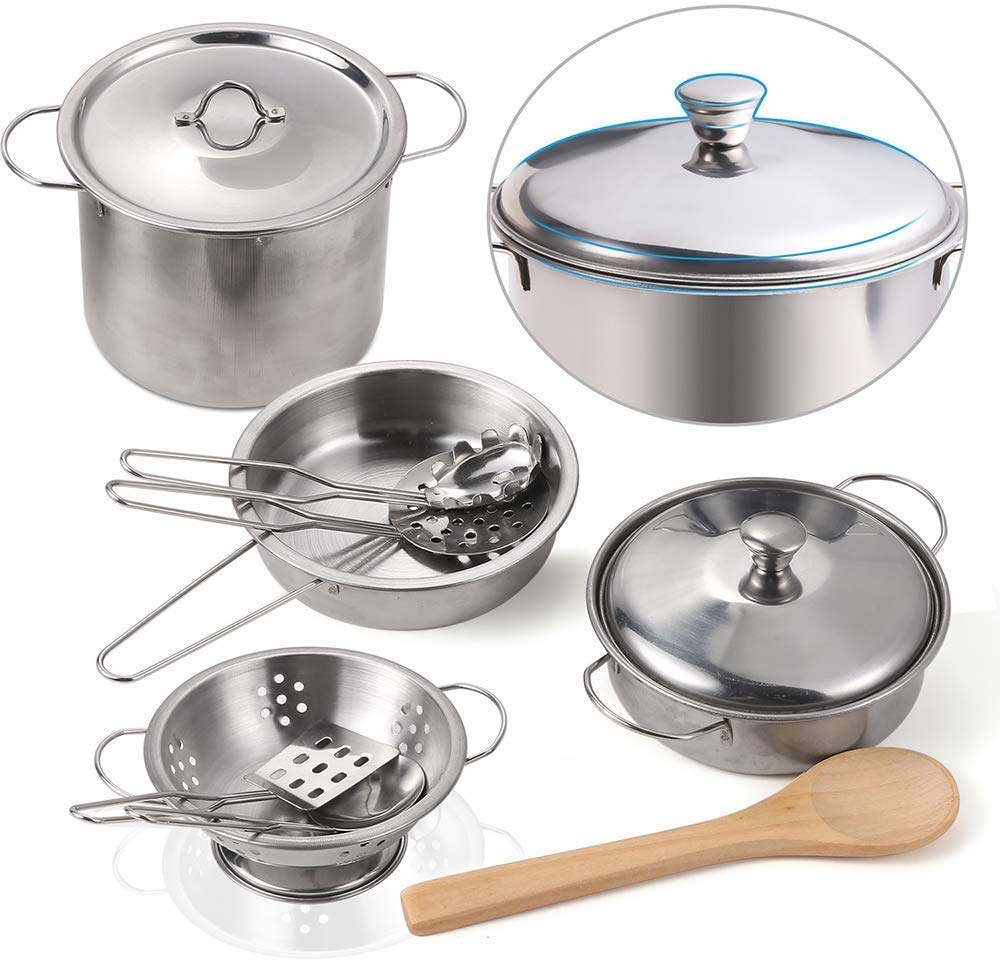 KODATEK Play Kitchen Accessories, Kids Kitchen Pretend Play Toys, Kitchen Set with Stainless Steel Cooking Utensils Cookware Pots and Pans Set Healthy Vegetables, Knife, Apron, Little Chef Boys Girls