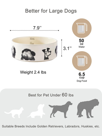 BICOPET Ceramic Cute Dog Bowl with Non-Slip Ring - 6.5 Cups, Heavy-Duty Stoneware Bowl, Pet Feeding, Microwave and Dishwasher Safe-Derpy-L (Single Bowl)