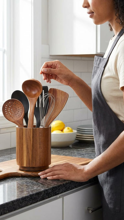 Linda's Essentials Acacia Wooden Utensil Holder for Kitchen Counter, 7.2" Wood Utensil Holder Counter, Kitchen Utensils Holder with 360° Rotation, Non-Slip Large Utensils Holders, Spatula Holders
