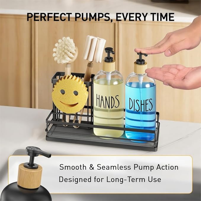 Moforoco Kitchen Dish Soap Dispenser Set, 16OZ Glass Bottle, Hand and Dish Soap
