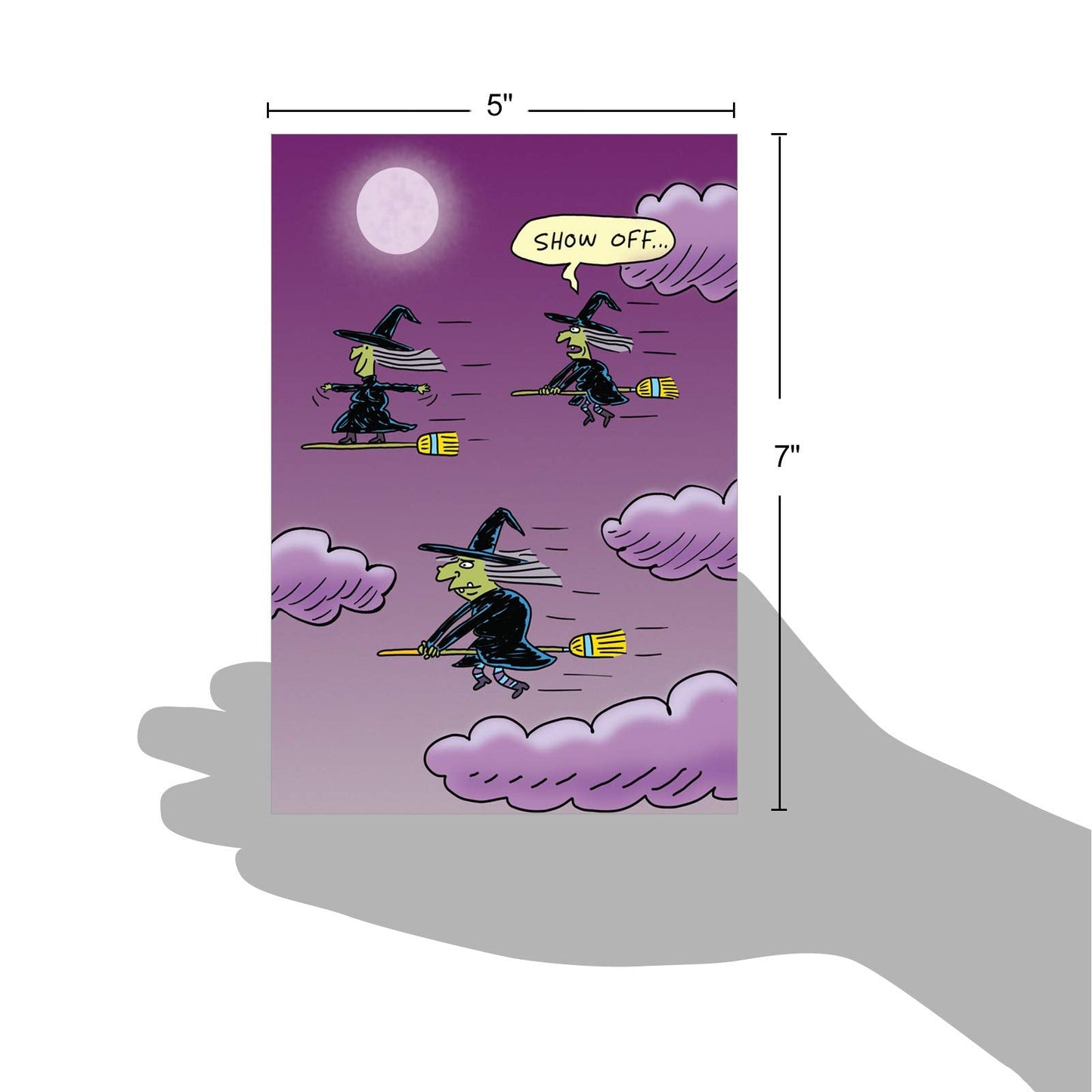 NobleWorks - Happy Halloween Card Funny - Fun Cartoon Humor, Spooky Greeting Notecard with Envelope - Surfing Witch C6247HWG