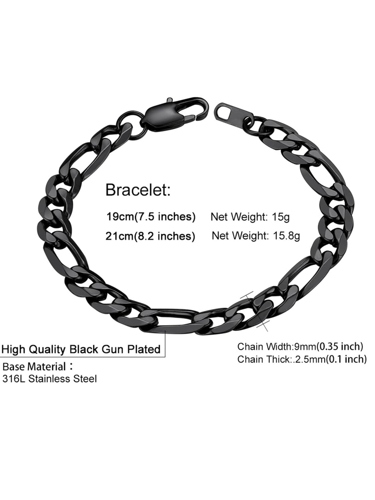 ChainsHouse Black Steel Bracelet Men and Womens 9mm 8.3/'' Punk Hip Hop Jewelry Stainless Steel Figaro Bracelets'' }