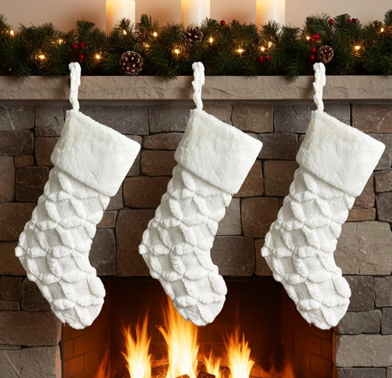 AISENO 3 Pack 20 Inch Faux Fur Christmas Stockings Cable Knit Knitted Thick Decoration for Merry Christmas Party Xmas Home Decorations