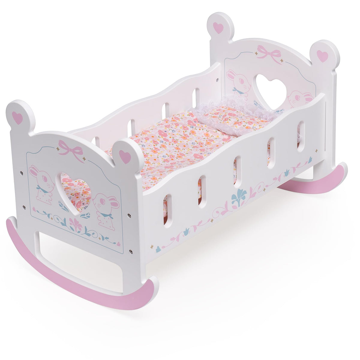 ROBOTIME Wooden Baby Doll Crib, Doll Cradle Bed for 18-24 Inch Dolls, Baby Doll Crib Set with Blanket and Pillow, Toy Doll Bed for Girls Ages 3+