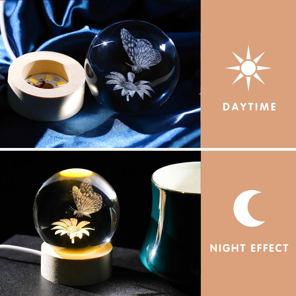 AOFEGRLT 3D Laser Etched Butterfly Crystal Ball with Stand, 60mm Glass Sphere Decorative Balls, Crystal Butterfly Figurine Lamp Night Light Gifts for Women Girls Mom Kids