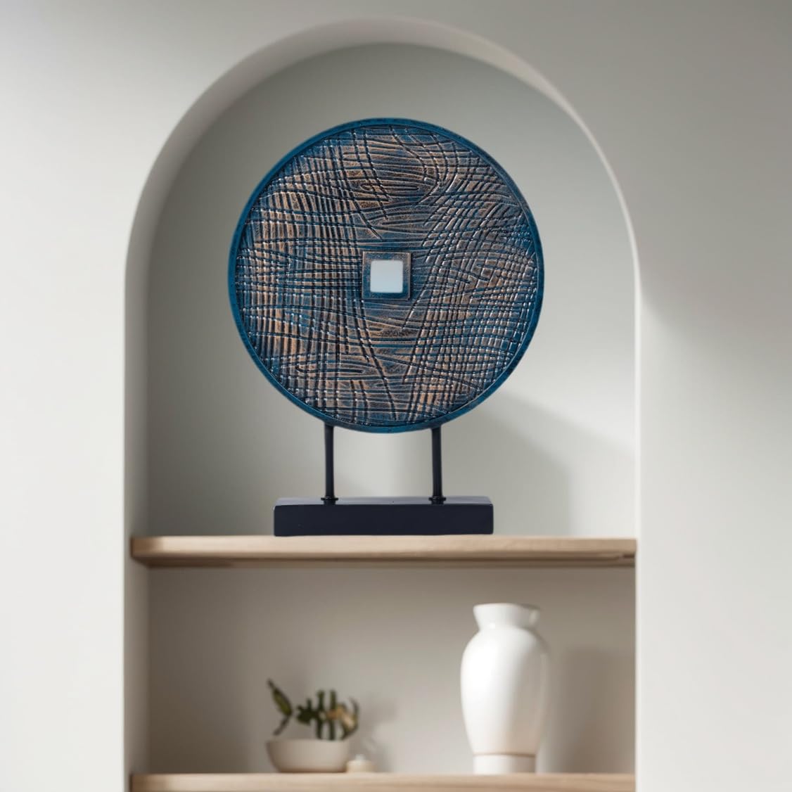 LuckySunDecorQZ Unique Round Coin Sculpture Decorative Objects for Shelf Home Decor Accents, Modern Abstract Tabletop Decor Items for Living Room Fireplace Mantel, Above Cabinet (Blue)