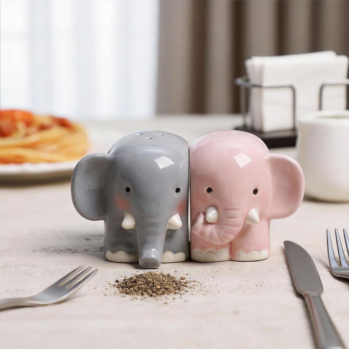 Sizikato Porcelain Salt and Pepper Shaker Set, Cute Elephant Shape