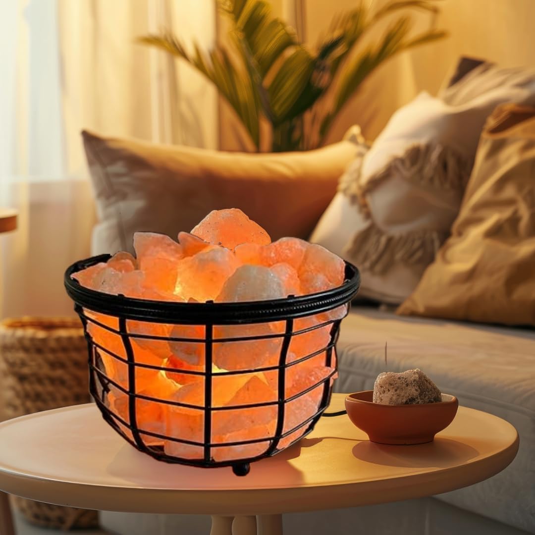 NB Himalayan Pink Salt Metal Lamp with Natural salt chunks comes with dimmer switch and a pair of bulbs (ROUND)