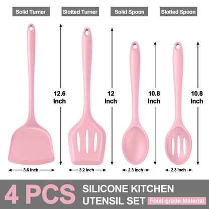 P&P CHEF Kitchen Utensil Set, 4 Pieces Non-stick Silicone Cooking Utensils, Heat-resistant Slotted Solid Spoon Turner for Frying, Mixing, Serving, Non-toxic & Easy to Clean, Pink