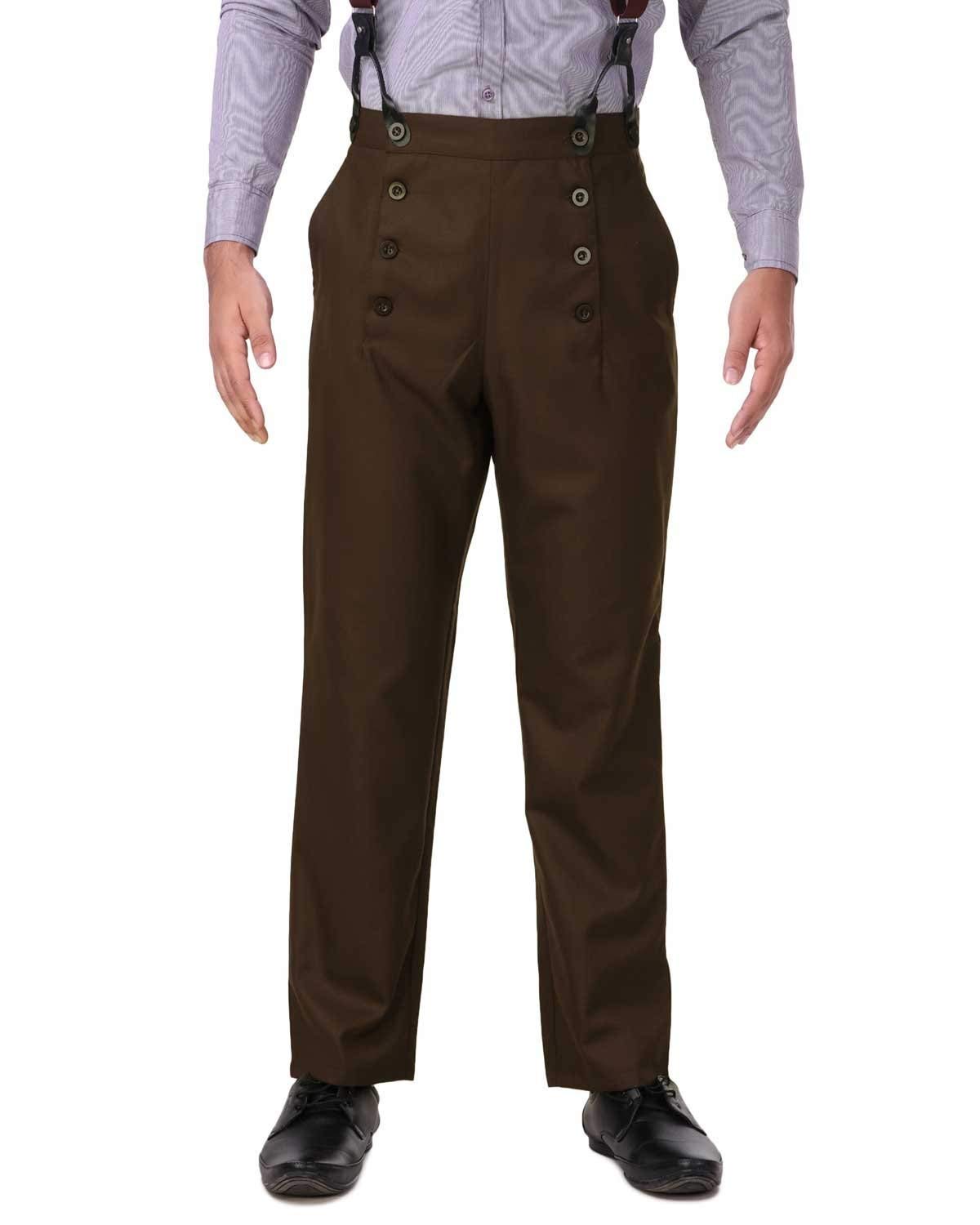 ThePirateDressing Steampunk Victorian Cosplay Architect Men’s Pants – High-Waist Gothic Trousers for Halloween, Renaissance, Tussar Poly-Viscose Fabric – Suspenders Ready C1328-Espresso-X-Large