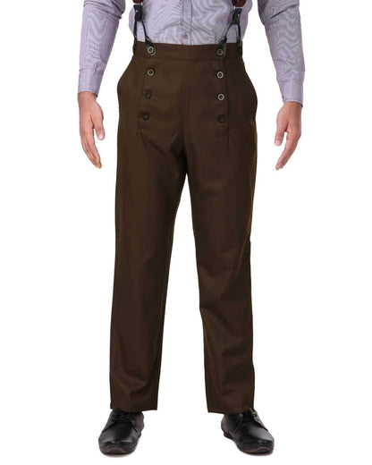 ThePirateDressing Steampunk Victorian Cosplay Architect Men’s Pants – High-Waist Gothic Trousers for Halloween, Renaissance, Tussar Poly-Viscose Fabric – Suspenders Ready C1328-Espresso-X-Large
