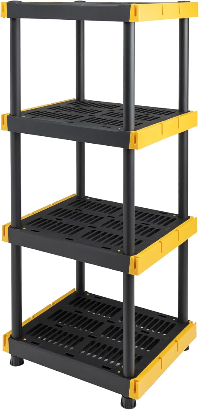 BLACK & YELLOW 4-Tier Heavy Duty Plastic Storage Shelves that Support up to 100lbs/shelf, Organization and Storage, Weather-Resistant Design, Easy Assembly, Made in The USA (55H x 24W x 20D)