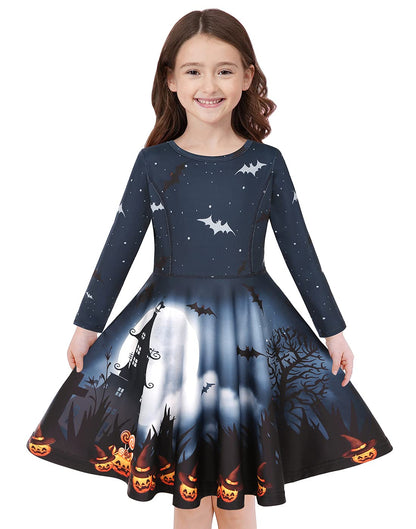 Quedoris Girls Twirly Printed Casual Party Long Sleeve Halloween Dress Bat Night L