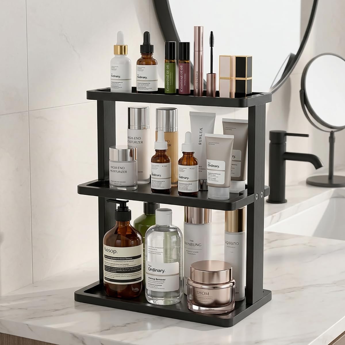 PEKER Bamboo Bathroom Organizer Countertop – Vanity Storage Shelf for Makeup, Perfume, Skincare – Natural Cosmetics Display Rack for Dresser, Sink, Kitchen – Black