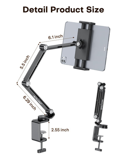 OMOTON Adjustable Tablet Stand for iPad, Desk Phone Holder for Bed with 2 Clamps, Flexible Aluminum Alloy Mount with 360° Rotation for 4-13" Devices (Black)