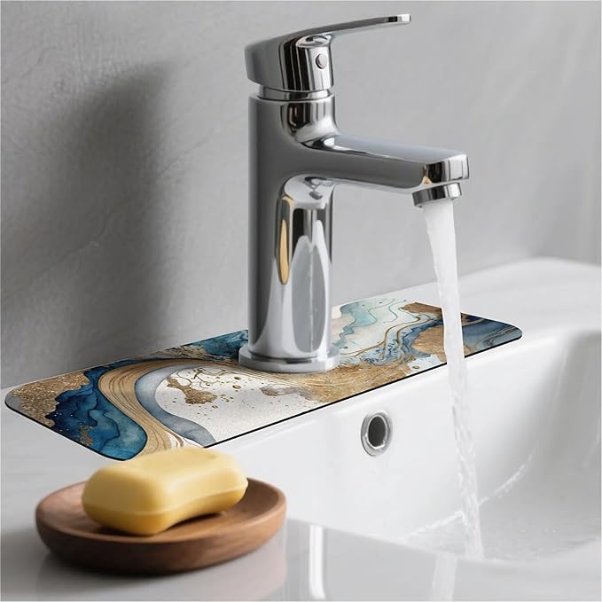 Kitchen Sink Splash Guard，Natural blue and gold marble Faucet Mat Sink