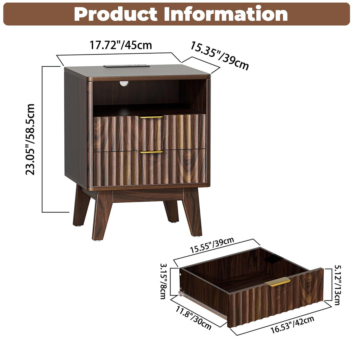 Fluted Nightstand with Charging Station, Modern Bedside Table with 2 Drawers, End Table with Open Storage for Bedroom, Living Room, Walnut