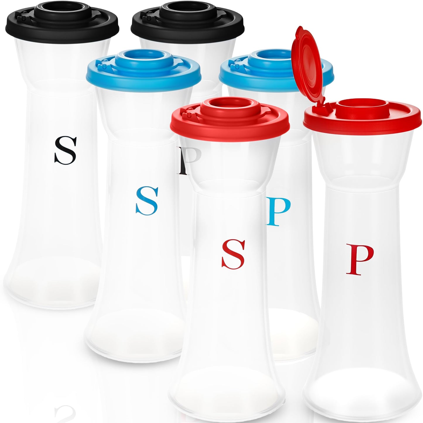 6 Pcs Plastic Salt and Pepper Shakers Hourglass Moisture Proof Salt Shaker with Lids for Kitchen Picnic Seasoning Salt Sugar Chili Powder, 3 Colors
