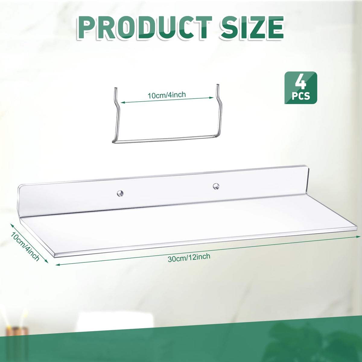 Lounsweer 4 Set Pegboard Shelf Clear Acrylic with Metal Hooks Organizer Accessories Storage for Pegboard Display Wall Craft Room Home Garage Nursery Kitchen Workbench(L Shape,12 x 4 Inch)