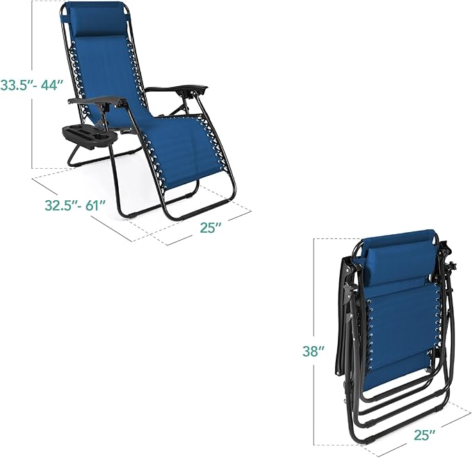 Best Choice Products Set of 2 Adjustable Steel Mesh Zero Gravity Lounge Chair Recliners w/Pillows and Cup Holder Trays - Marine Blue/Black