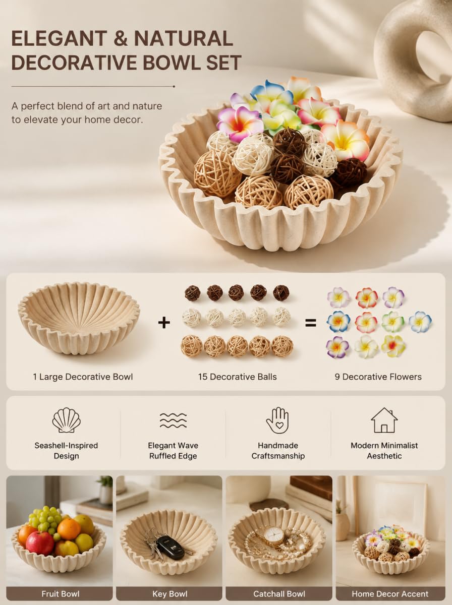 WVTANVW Ruffle Decor Large Decorative Bowl,fruit bowl kitchen stone bowl,bowl decor,Trendy home decor large Stylish Key Bowl for Entry Table