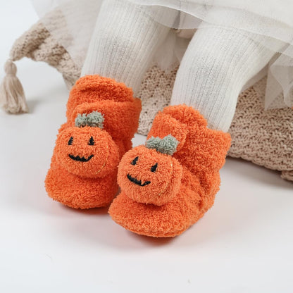 Ohwawadi Baby Booties Cozy Fleece Infant Baby Christmas Halloween Pumpkin Slippers Soft Bottom Warm Cartoon Socks Newborn Crib Shoes