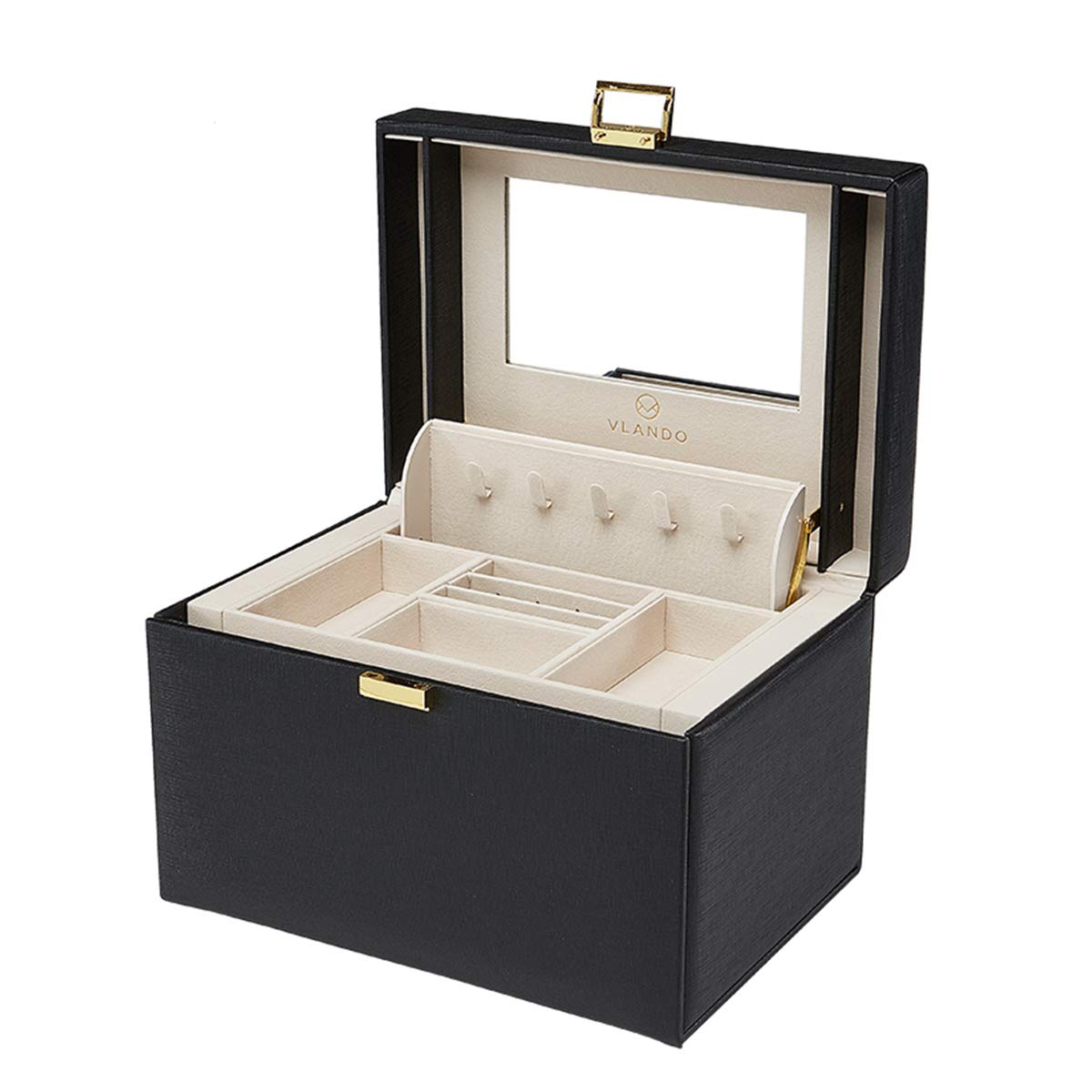 VLANDO Jewelry Box Organizer for Girls Women, Large Baroque Jewelry Holder Organizer with Mirror, 3 Drawers for Bracelets, Earrings, Rings, Necklaces, Mothers Day Gifts for Loved One, Black