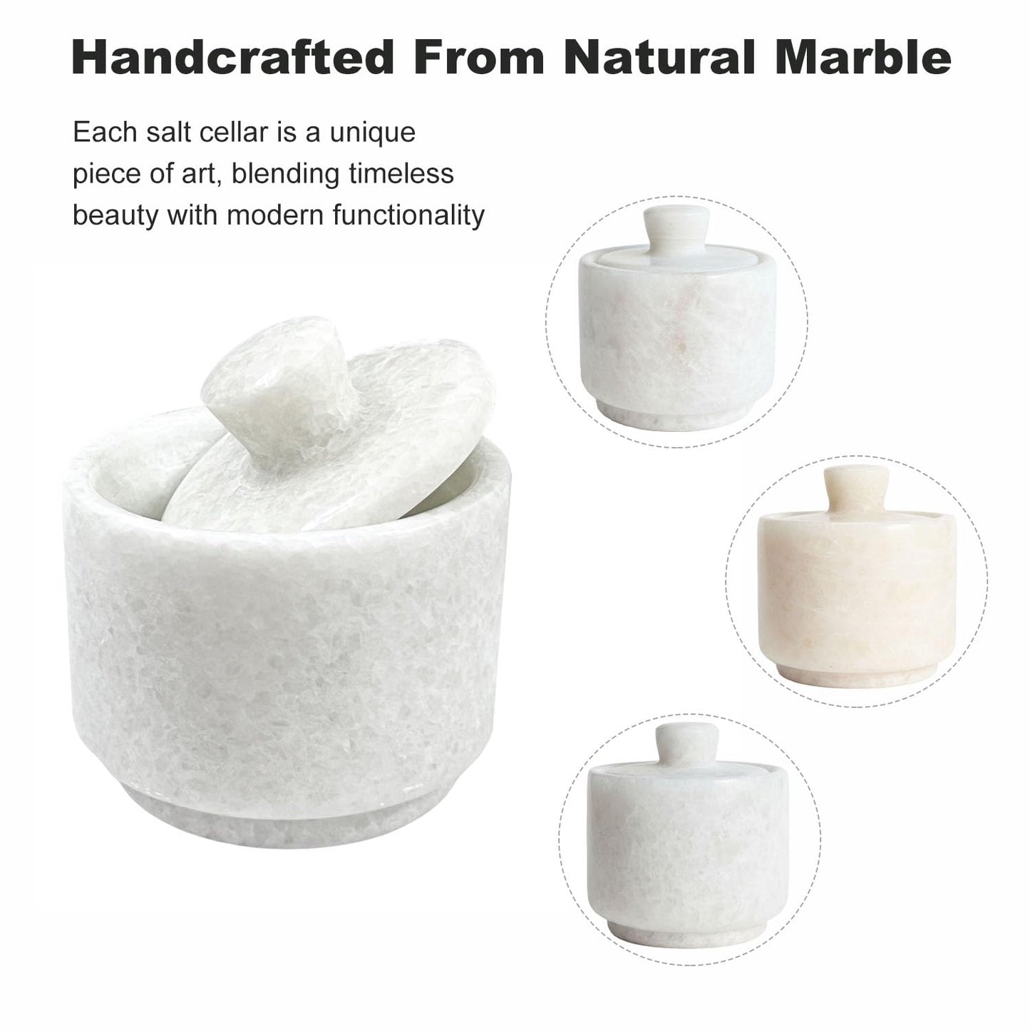 Aturalux Marble Salt Cellar with Lid & Spoon White, 3-Inch Salt Jar, Kitchen Container for Spice, Marble Storage Box, Spice Jar for Counter, Easy Refill Cleaning
