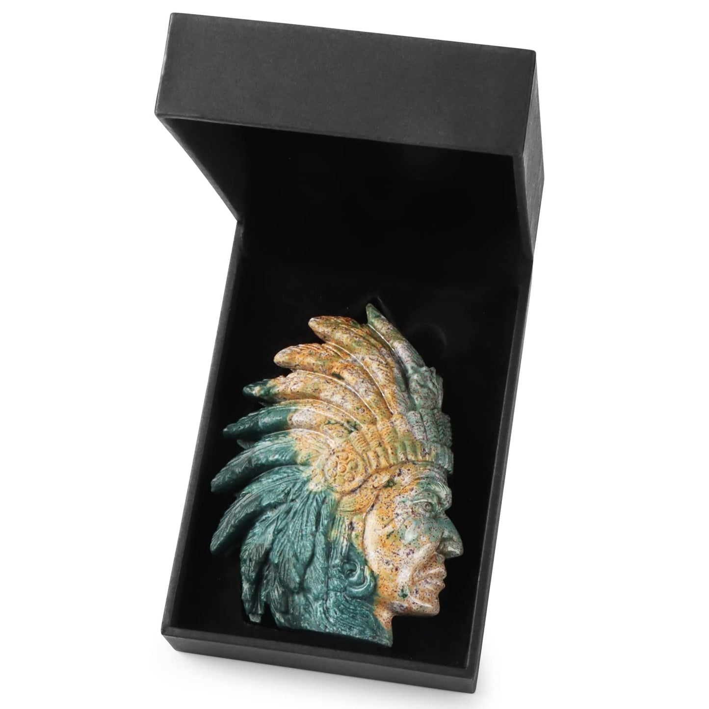 SMQ 3.3" Indian Head Bust Statue Ocean Jasper Crystal Stone Skull Ornaments Native American Indian Figurine for Diorama Gemstone Sculpture for Home Office Room Decor