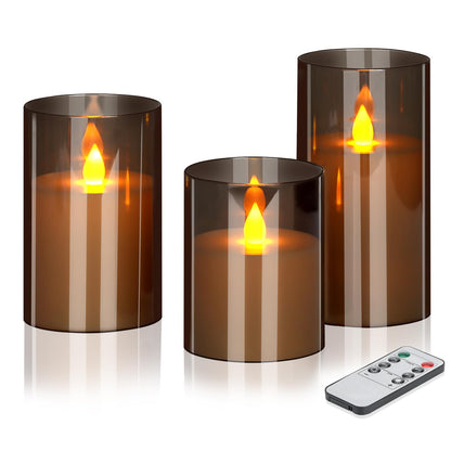 wemarry Flameless Candles 4" 5" 6" Set of 3 Acrylic Glass Pillars 3" Diameter Battery Operated Flickering Candles Include 10-Key Remote with Timer Function 400+ Hours (Gray, Warm Light 3 Pack)