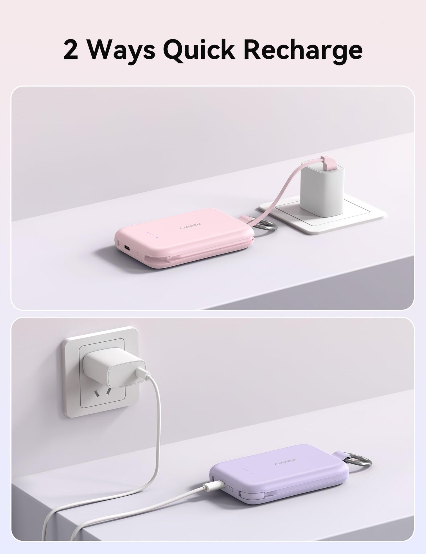 RORRY Portable Charger, 10000mAh PD 30W Fast Charging Portable Charger Power Bank with Built-in Cables, Travel Keychain Charger Battery Pack for iPhone 17/16/15/14/13/12, for AirPods 2/3/4/Pro, Pink
