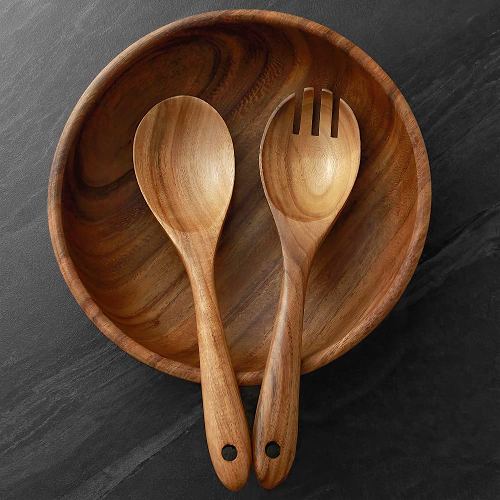 AOOSY Acacia Wood Salad Bowl Set — 9Inch Handmade Wooden Bowl with Serving Spoon & Fork, 3-Piece Mixing & Serving Set
